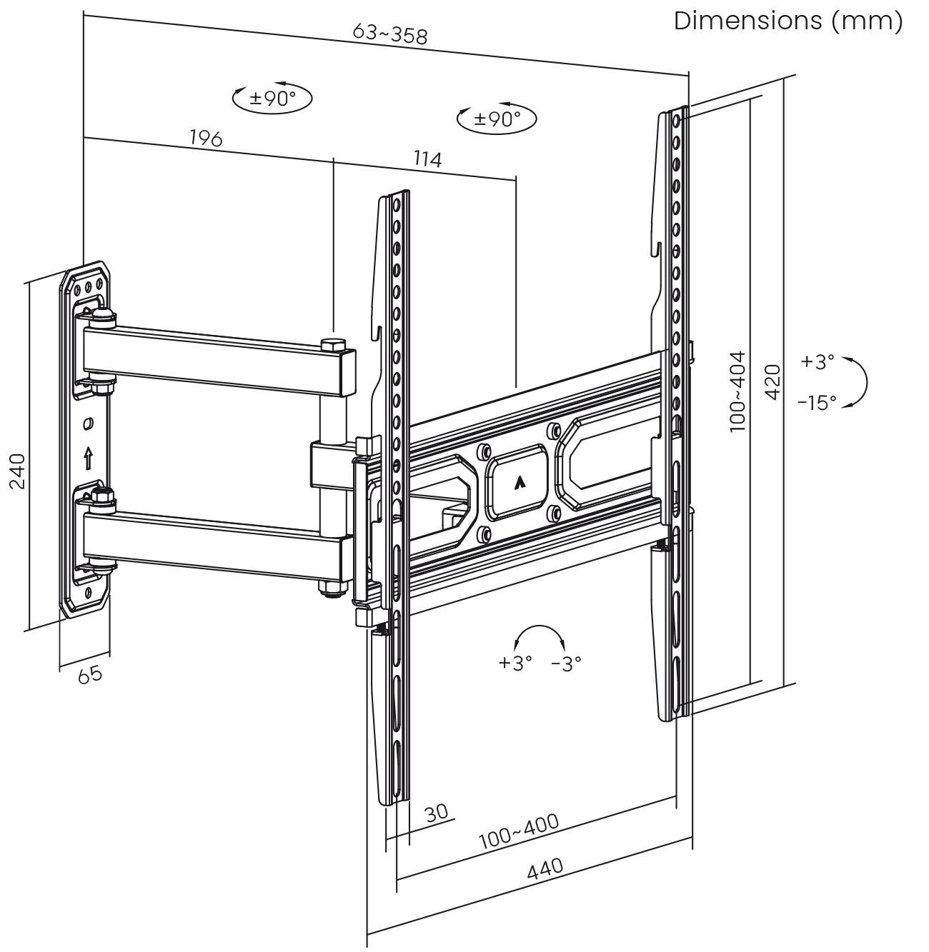 Dessin technique d'un support mural, dimensions en millimètres. Le schéma présente des angles et des hauteurs ajustables pour l'installation.