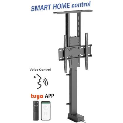 Description française de l'image : 'CONTRÔLE DOMOTIQUE' avec un support TV ajustable qui peut être commandé par commande vocale et via l'application Tuya. Un symbole de télécommande et un smartphone avec interface d'application sont visibles.