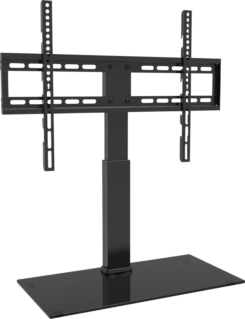 Un support de télévision noir avec support réglable sur une base rectangulaire. Idéal pour placer un téléviseur en toute sécurité.