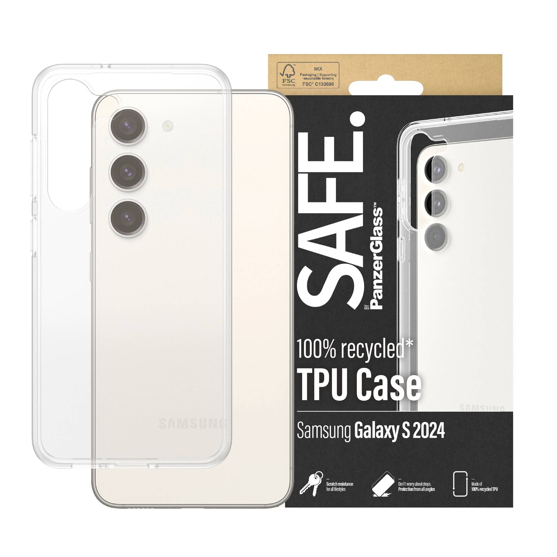 Étui de protection transparent en TPU 100 % recyclé pour Samsung Galaxy S2024, avec étiquette d'emballage 'SAFE'.