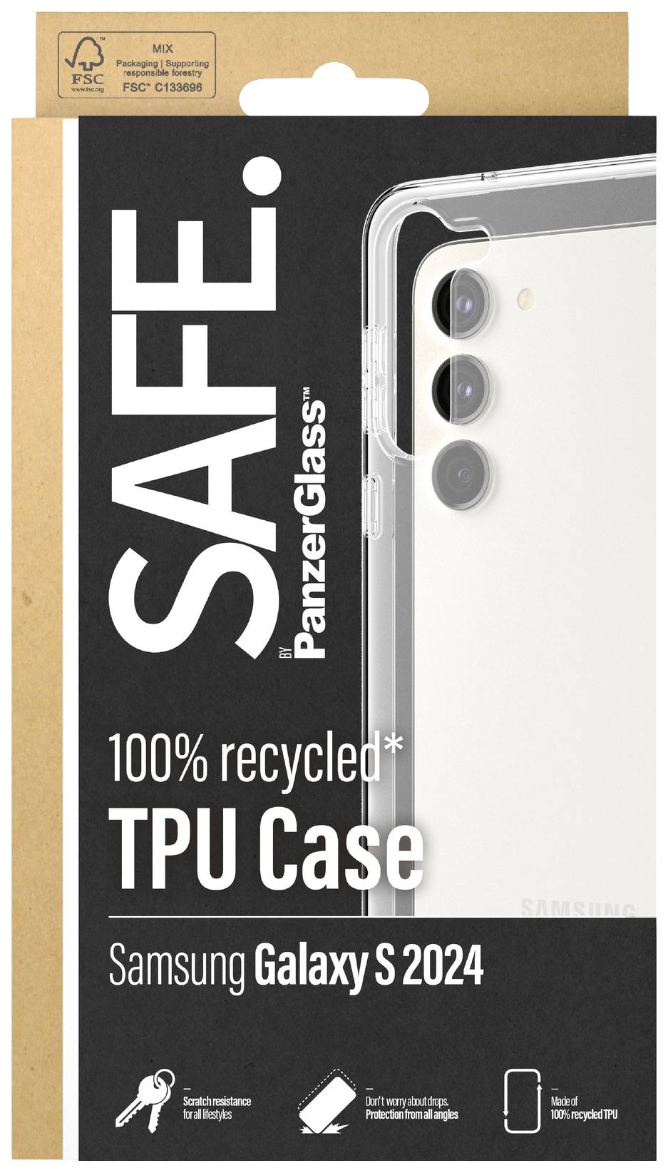 Emballage pour une coque de téléphone en TPU recyclé de PanzerGlass, compatible avec Samsung Galaxy S 2024. Présente trois objectifs de caméra du smartphone.