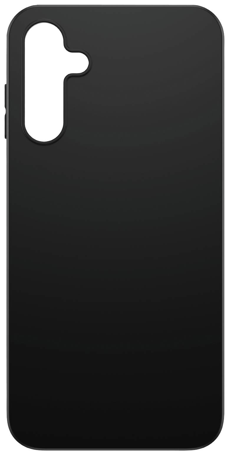 Housse de protection noire pour smartphone avec deux découpes pour les caméras et un emplacement pour le flash sur le côté gauche.