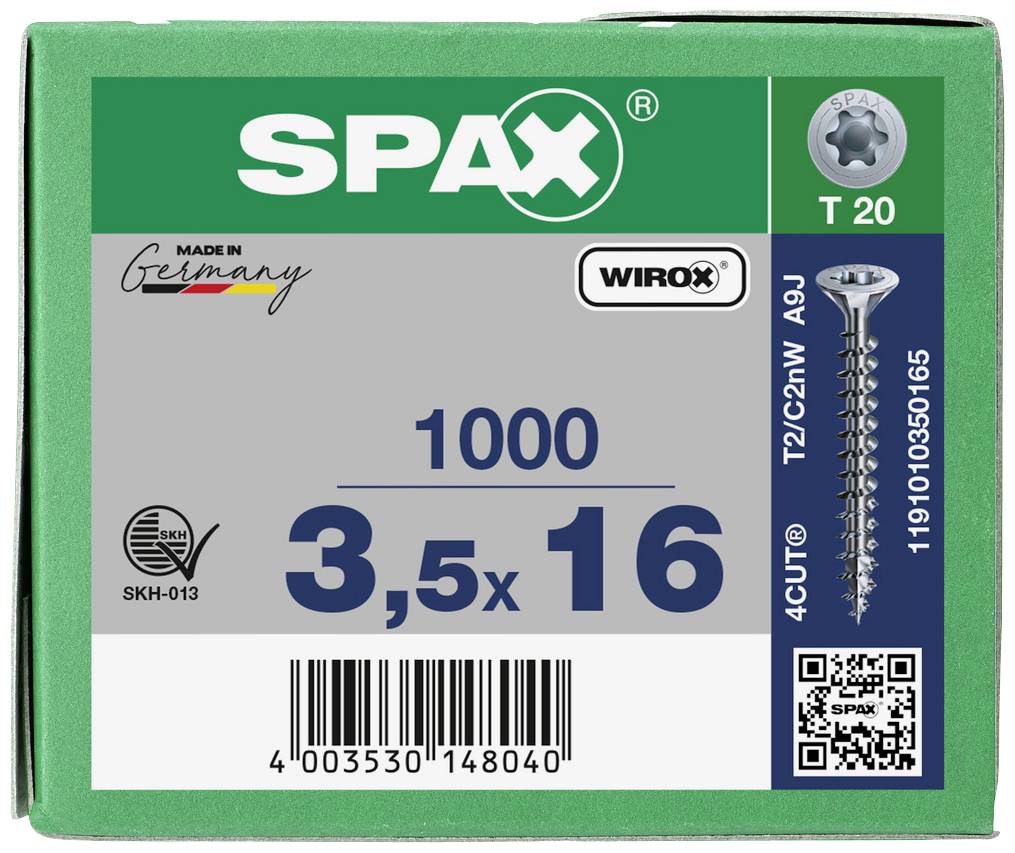 Emballage de vis SPAX : 1000 pièces, 3,5x16 mm, entraînement T20, fabriquées en Allemagne. Codes et certifications illustrés.