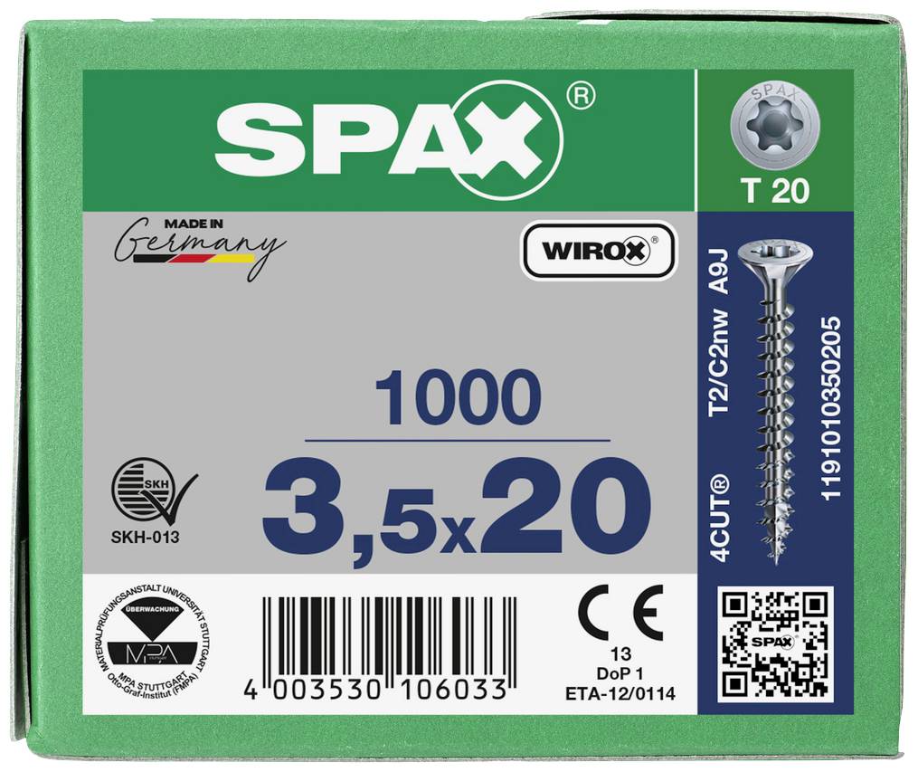 Un emballage vert contenant 1000 vis SPAX, taille 3,5x20 mm. Comprend des logos, un code QR et l'inscription 'Made in Germany'.
