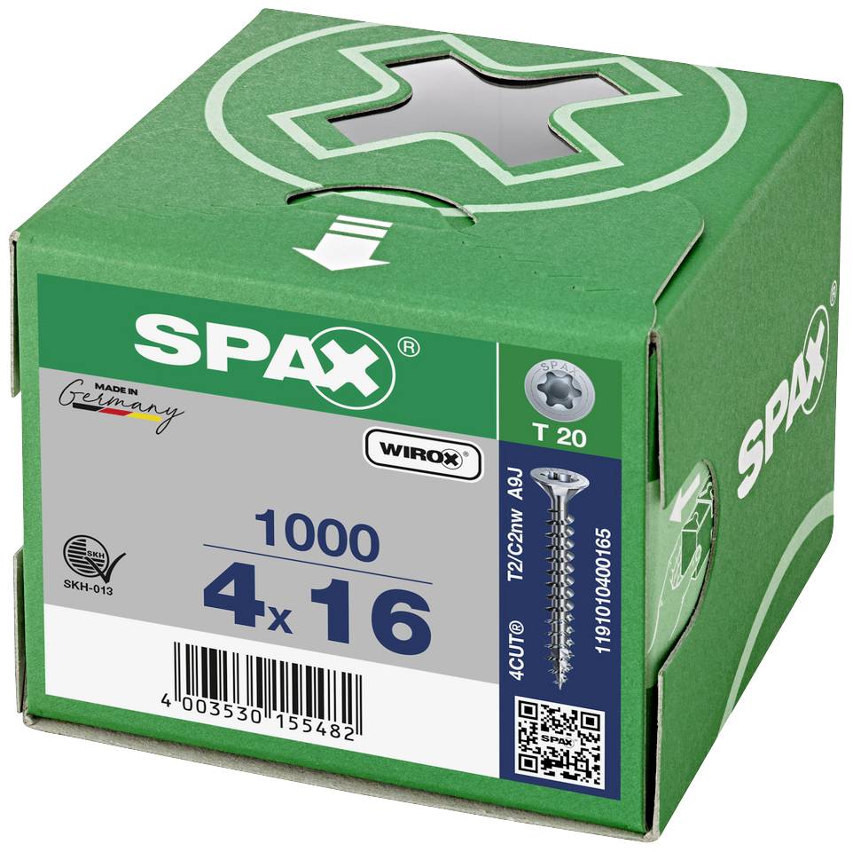 Carton de 1000 vis SPAX, 4x16 mm, T20, Fabriquées en Allemagne. Protection anti-rotation, adaptées à la construction bois.
