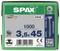 Emballage vert de vis SPAX. Inscription : « 3,5x45 », Quantité : « 1000 pièces », avec code QR et divers logos.
