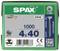 Boîte de 1000 vis SPAX, taille 4x40 mm, emballage vert. Contient un marquage de marque, un code QR et des informations de certification.