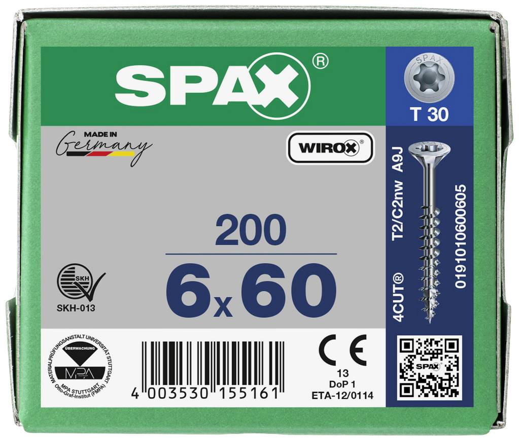 Emballage de vis 'Spax' contenant 200 vis, taille 6x60 mm, fabriquées en Allemagne. Comprend un code QR et des données techniques.