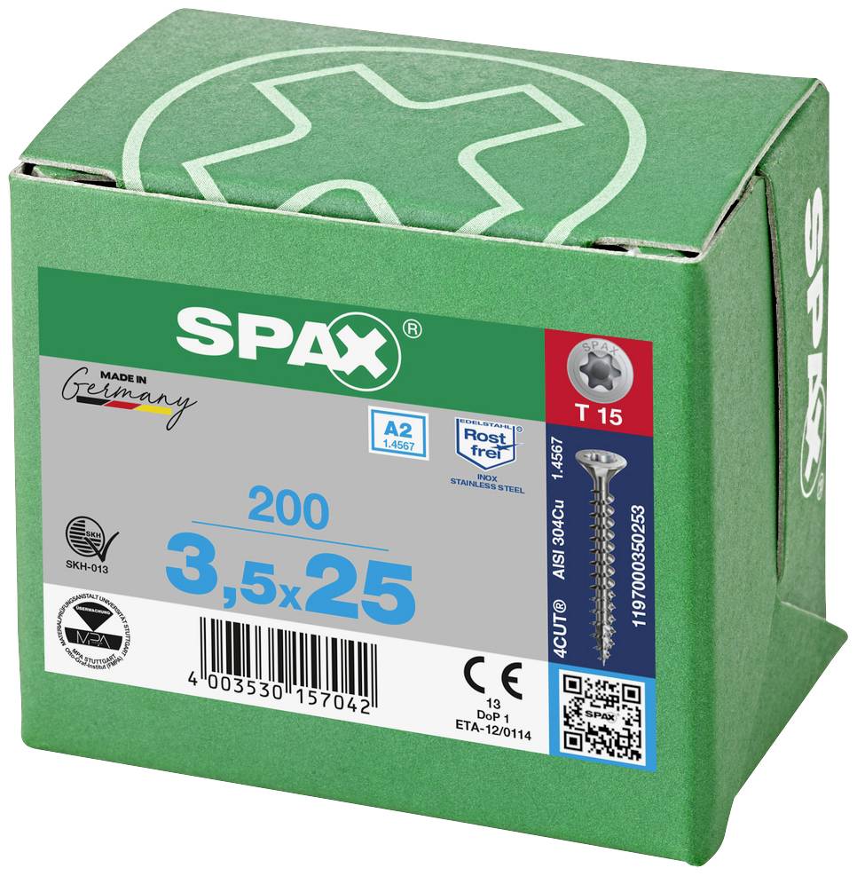 Emballage vert contenant 200 vis SPAX en acier inoxydable, dimensions 3,5x25 mm, Fabriqué en Allemagne. Contient des informations sur le produit et le code-barres.