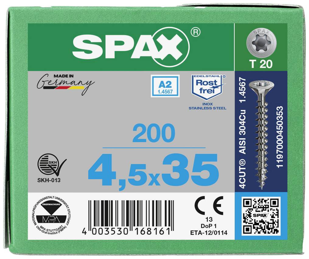 'Emballage SPAX : Contient 200 vis en acier inoxydable, 4,5 x 35 mm, inoxydables, Torx T20, avec détails du produit et code QR.'