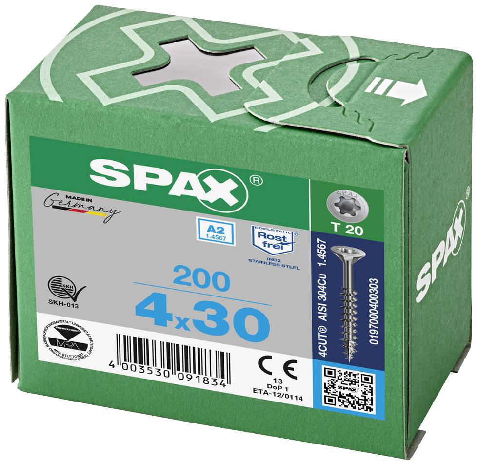 Boîte de 200 vis SPAX, taille 4x30 mm, inoxydables, fabriquées en Allemagne, sur carton d'emballage vert.