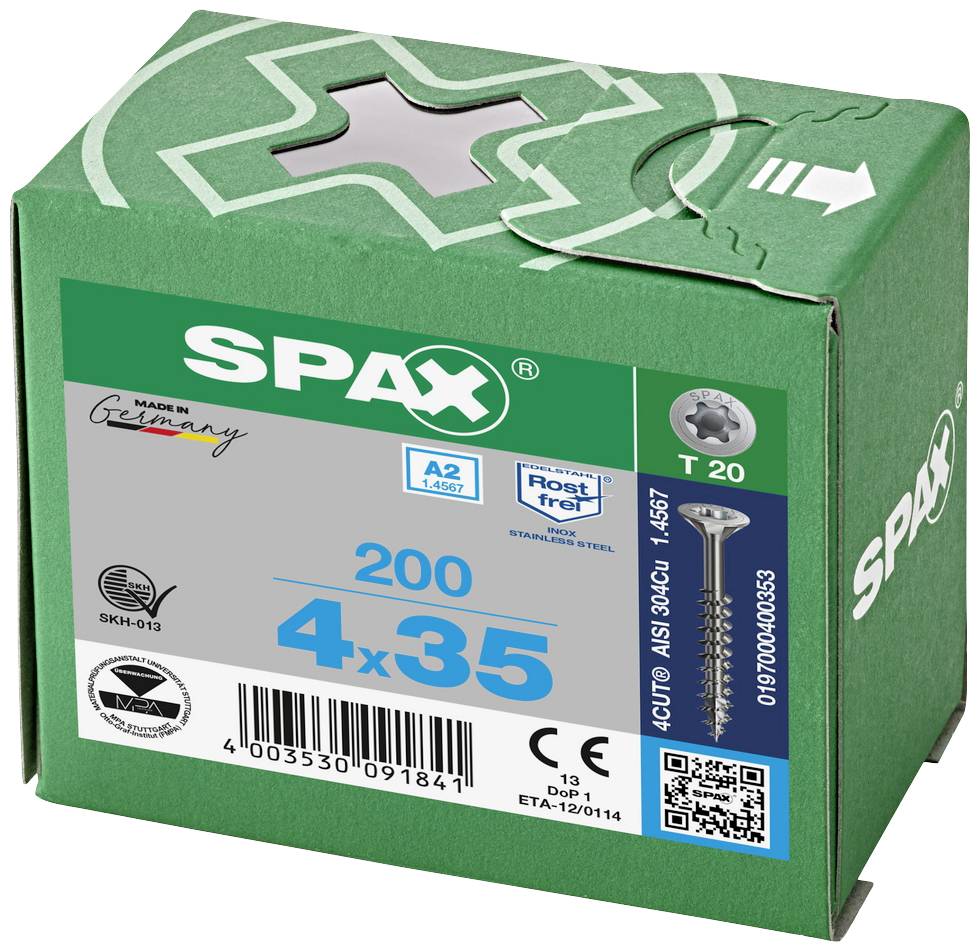Une boîte verte de la marque SPAX, contenant 200 vis de taille 4x35 mm, inoxydables, avec tête T 20. Fabriquées en Allemagne.