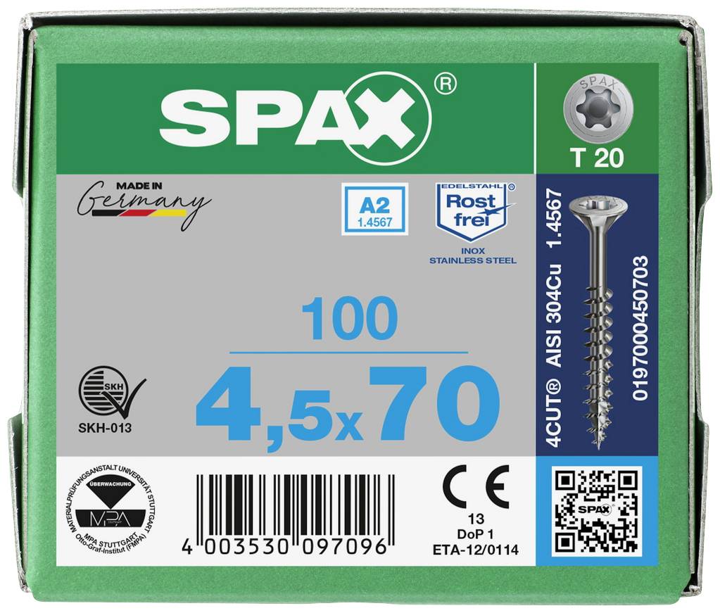 Emballage d'une vis SPAX, inox A2, 4,5 x 70 mm, 100 pièces, avec code QR, marquages de produit et détails techniques.