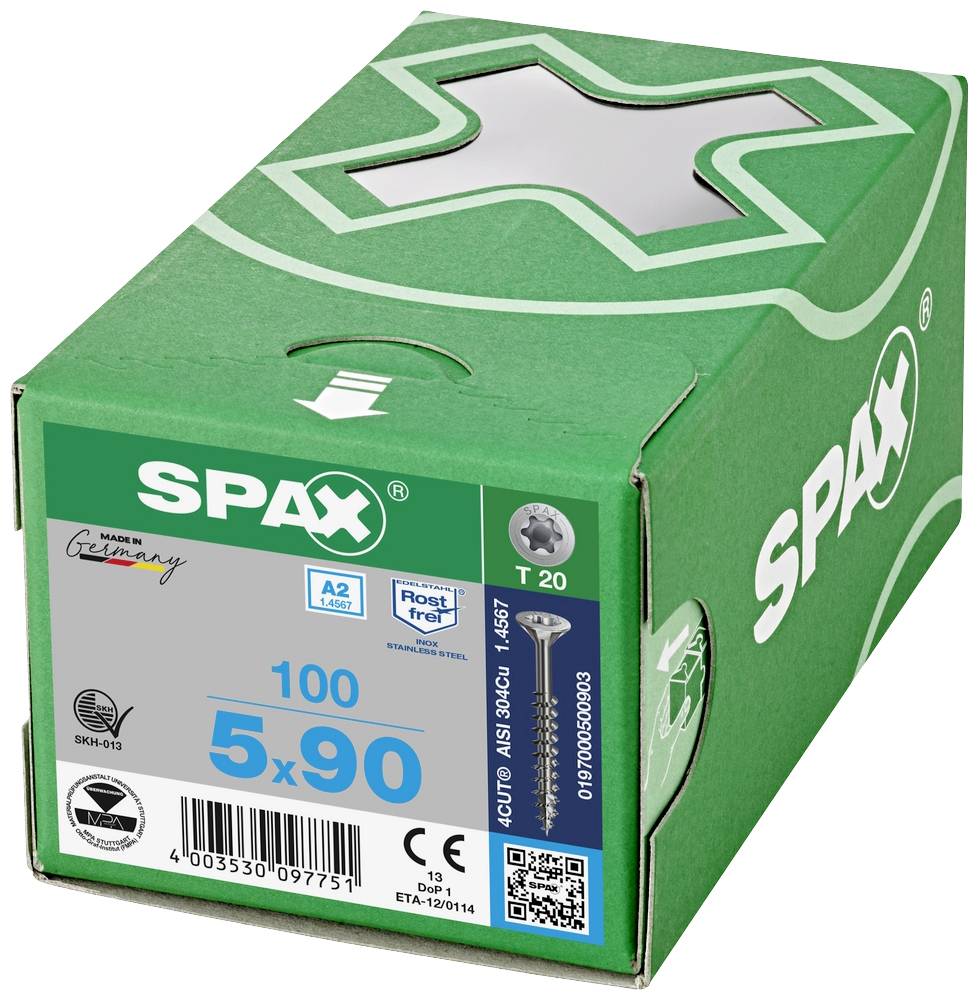 Une boîte verte portant l'inscription 'SPAX', contenant 100 vis, taille 5x90 mm, qualité A2, inoxydables, fabriquées en Allemagne.