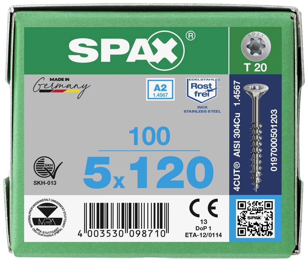 Une boîte de 100 vis SPAX inoxydables, taille 5x120 mm, type T20, convenant aux applications intérieures et extérieures, fabriquées en Allemagne.