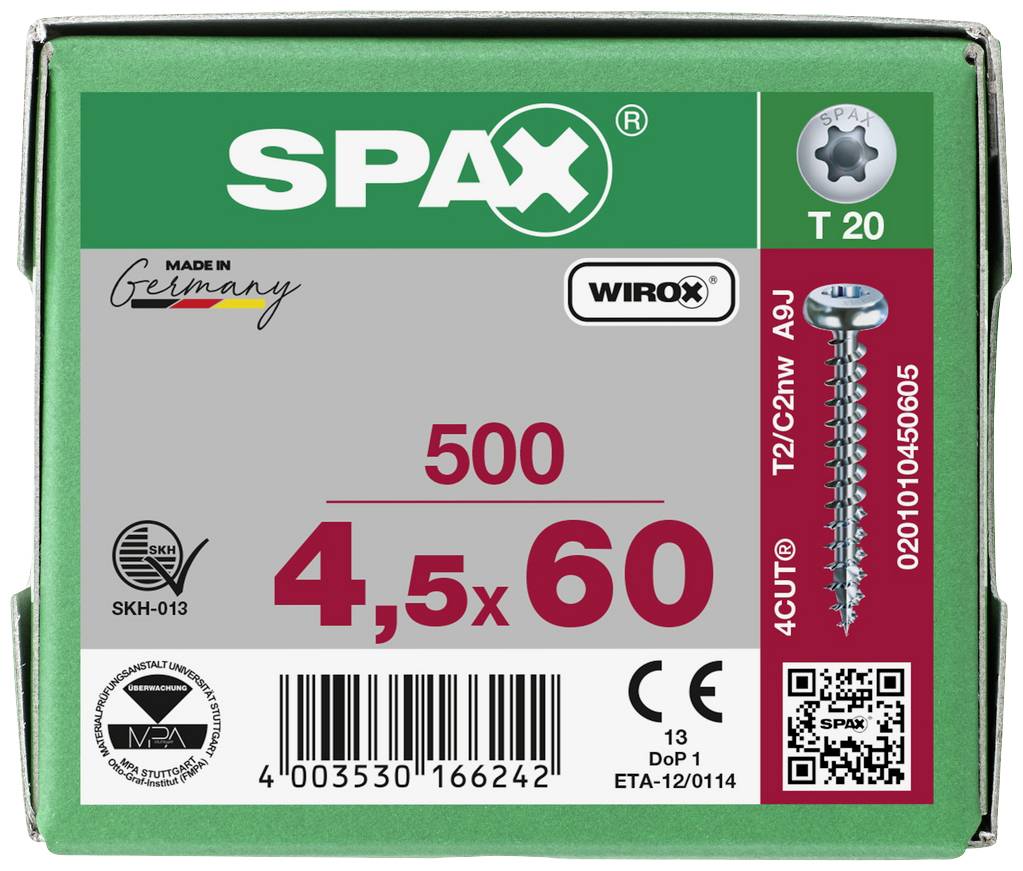 L'illustration montre une boîte verte de vis SPAX, 4,5 x 60 mm, contenant 500 pièces. Les détails du numéro de fabricant et du code QR sont visibles.