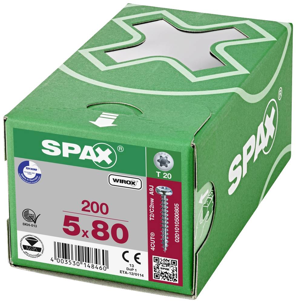 Emballage vert portant l'inscription 'SPAX'. Contient 200 vis de taille 5x80.