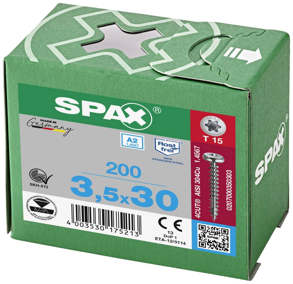 Boîte de 200 vis SPAX, dimensions 3,5x30 mm, inoxydable A2, pour bois. Fabriquées en Allemagne.