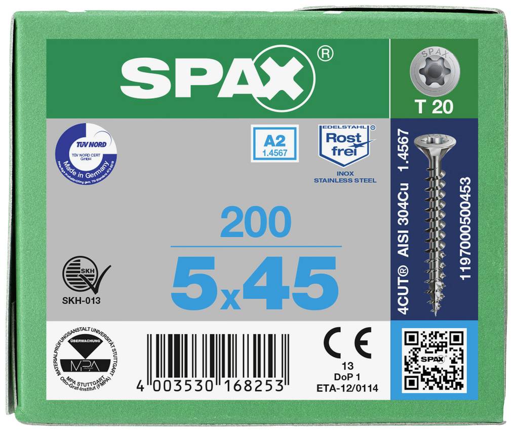 Un emballage vert contient 200 vis Spax de taille 5x45 mm, inoxydables, A2, avec entraînement T20. Les marques de contrôle et le code QR sont visibles.