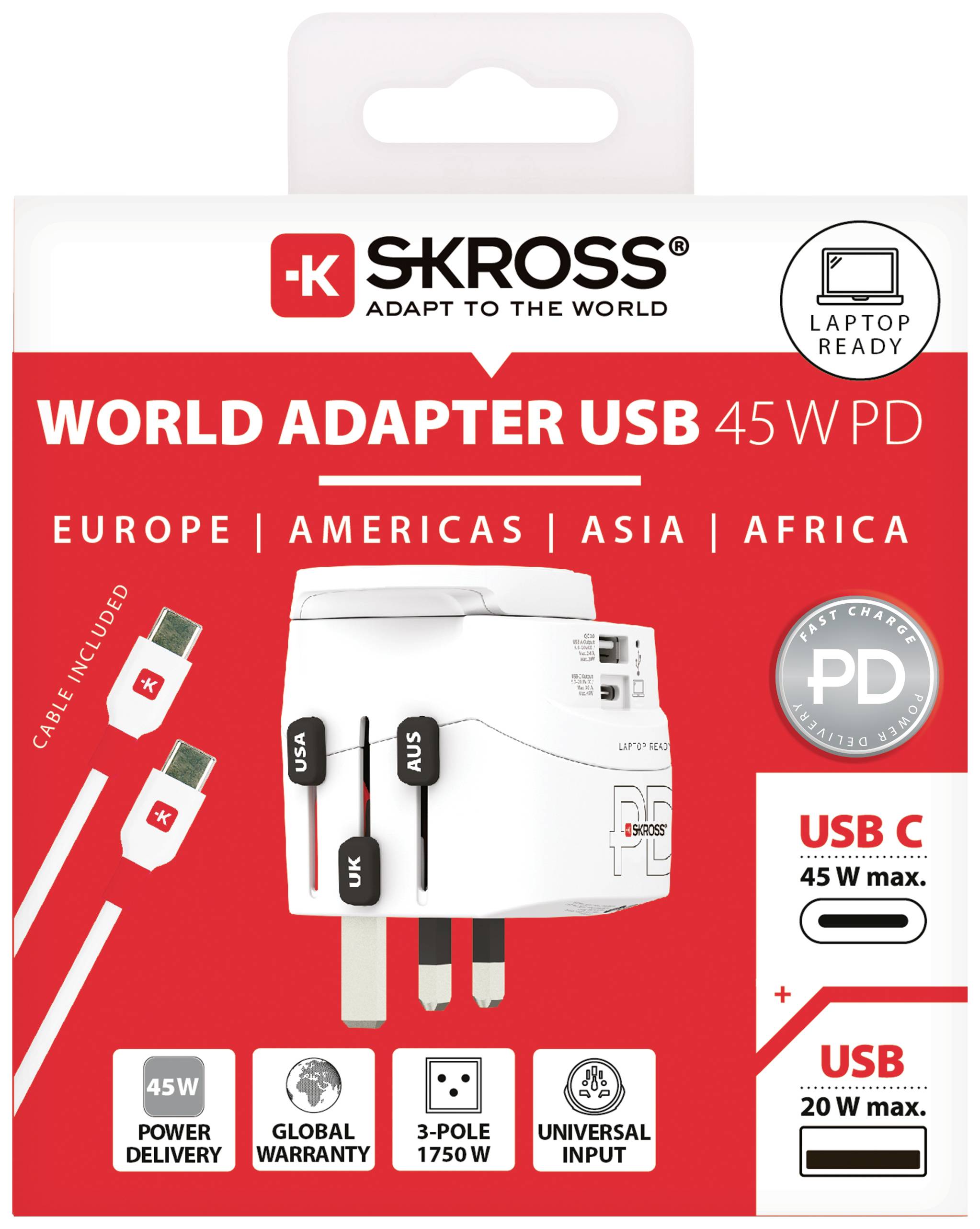 Adaptateur de voyage USB 45W PD de SKROSS : compatible avec l'Europe, l'Amérique, l'Asie, l'Afrique. Ports USB-C et USB-A. Puissance de 45W.