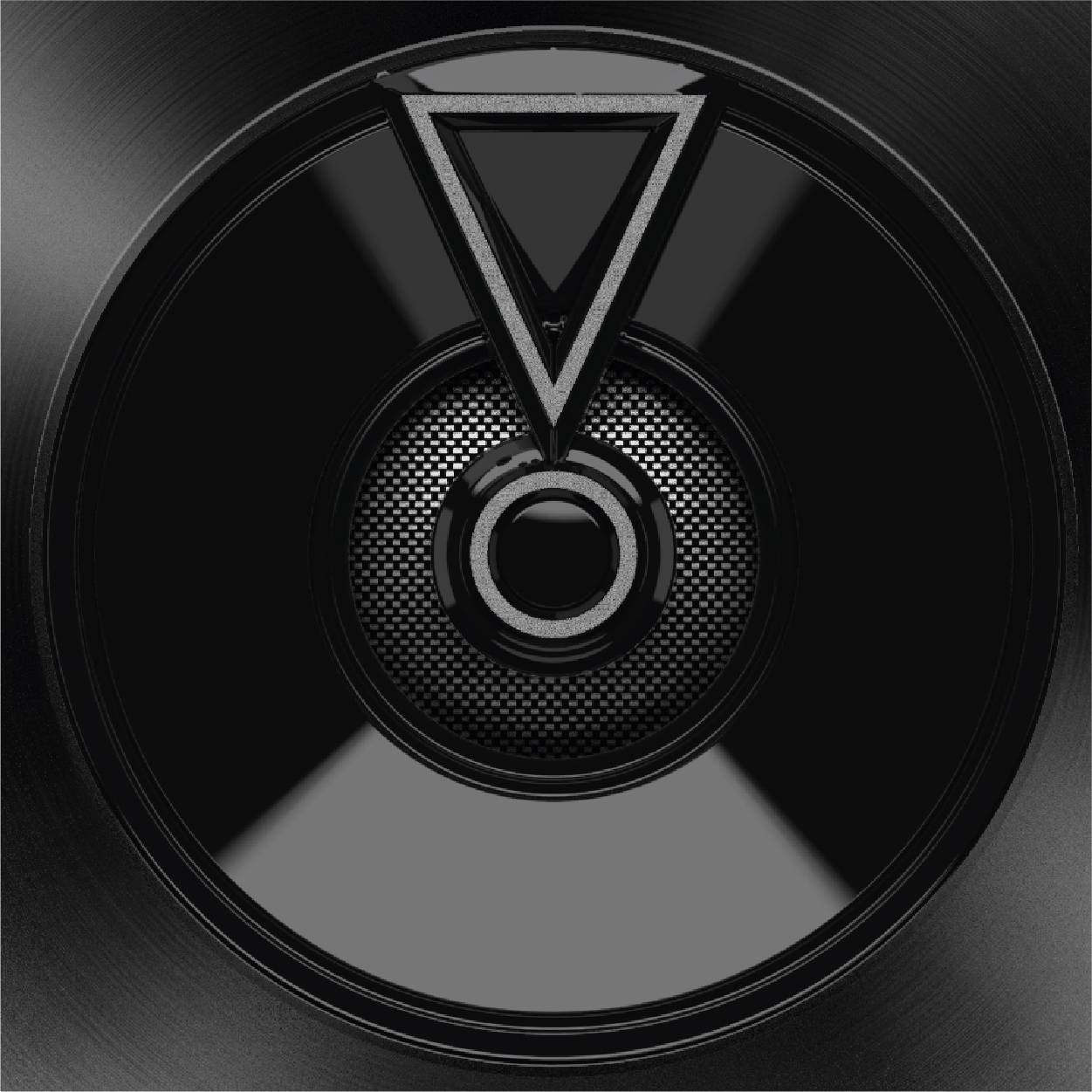 Un haut-parleur stylisé en noir et blanc, avec des formes géométriques circulaires et triangulaires intégrées dans son design central.