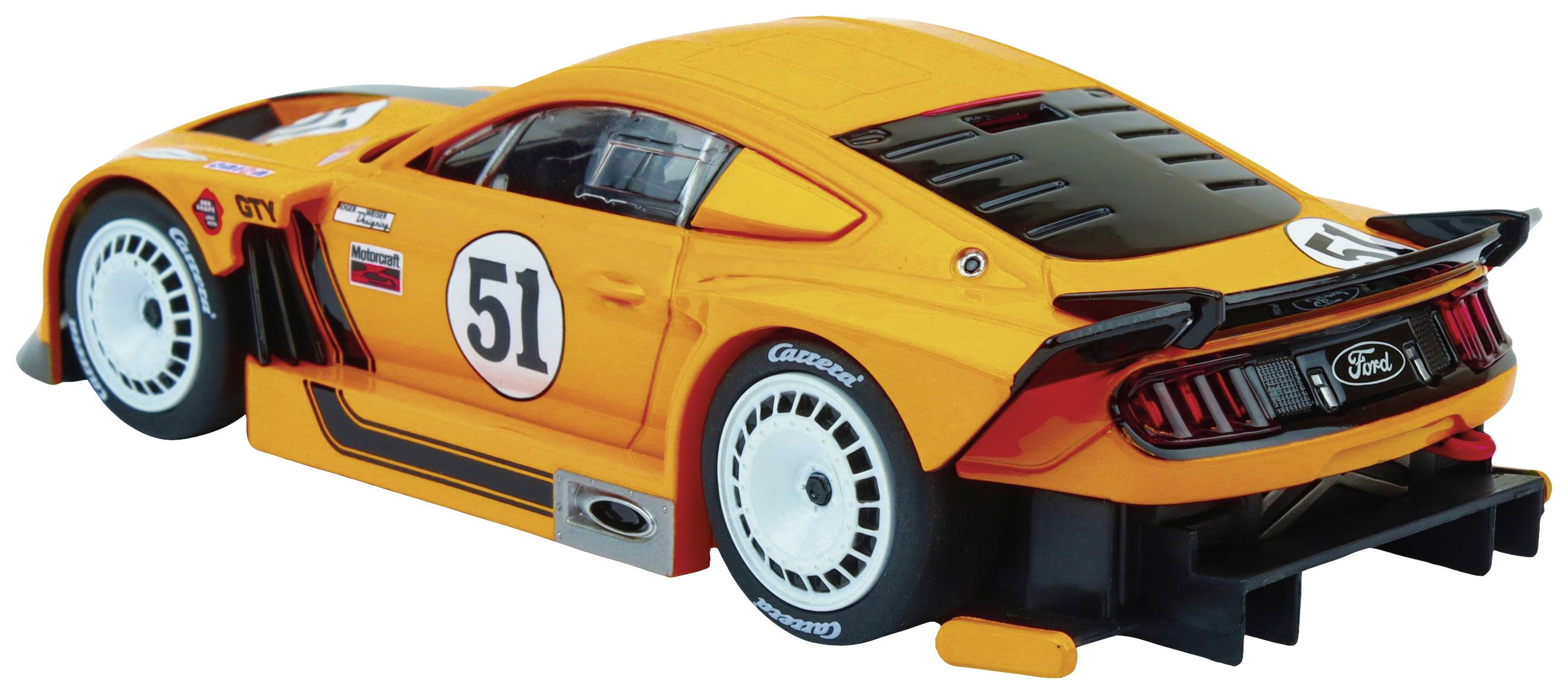 Une voiture miniature orange de style voiture de course avec le numéro 51 sur le côté. Elle présente des détails sportifs et un aileron arrière.