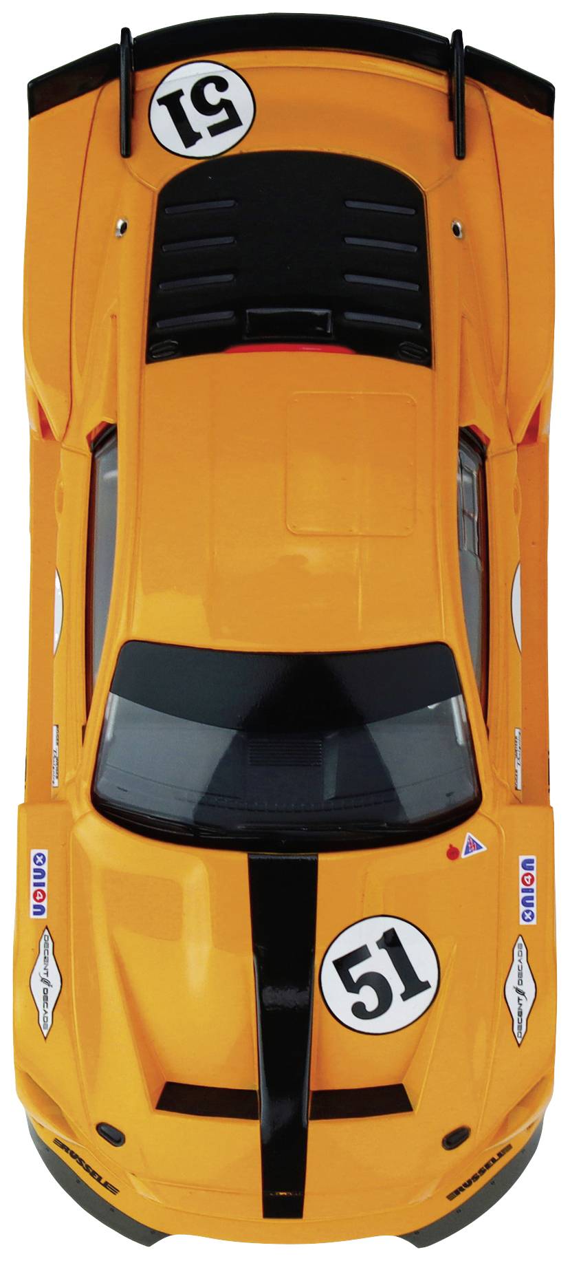 Voiture jouet en orange vif avec des bandes noires et le numéro 51 sur le capot et le toit.