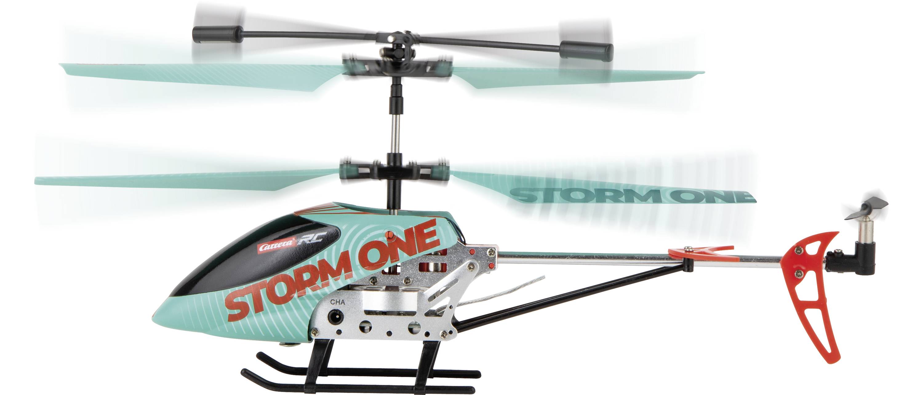 Un hélicoptère télécommandé nommé 'Storm One'. Il montre des pales de rotor en mouvement et est représenté comme un modèle réduit d'hélicoptère.