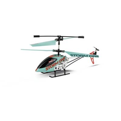 Hélicoptère télécommandé 'Storm One', avec pales de rotor et rotor de queue, principalement peint en turquoise et noir.