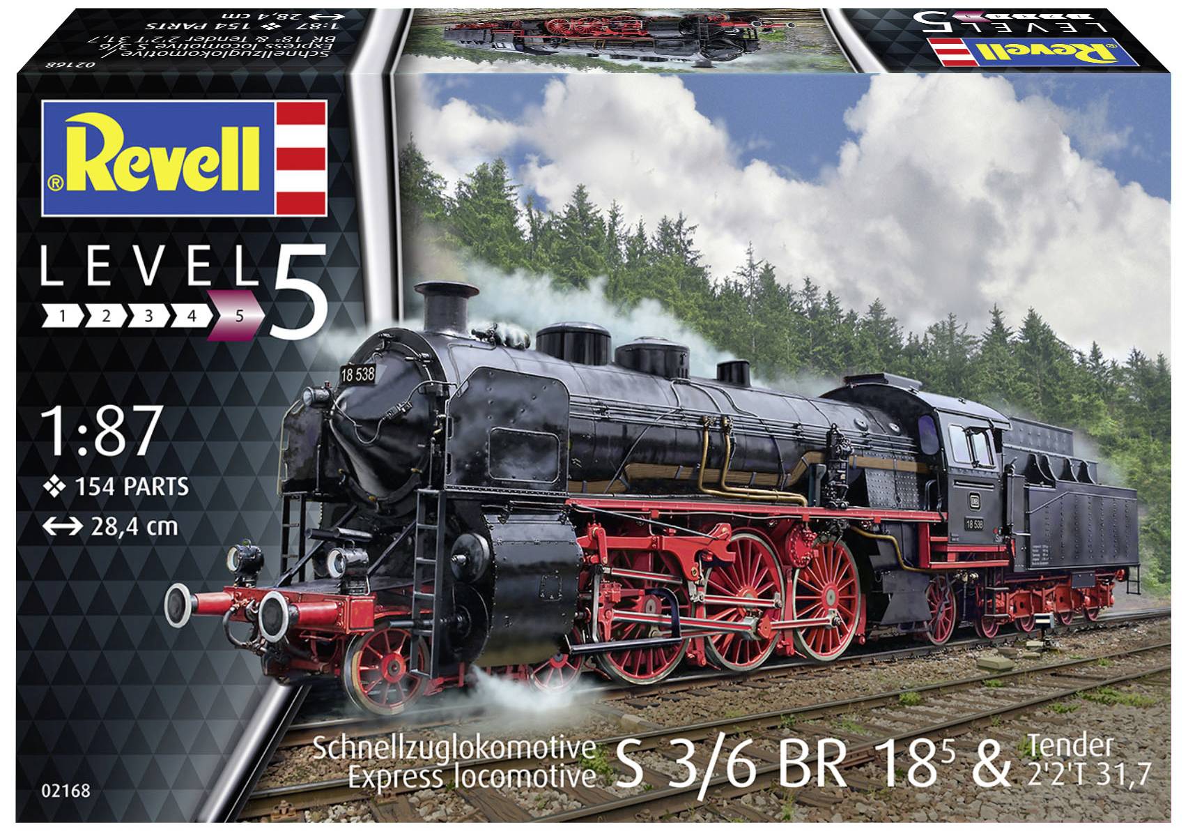 Boîte de maquette : Une locomotive à vapeur noire et rouge sur des rails devant des arbres. Inscription : « Locomotive de train rapide S 3/6 BR 18 »