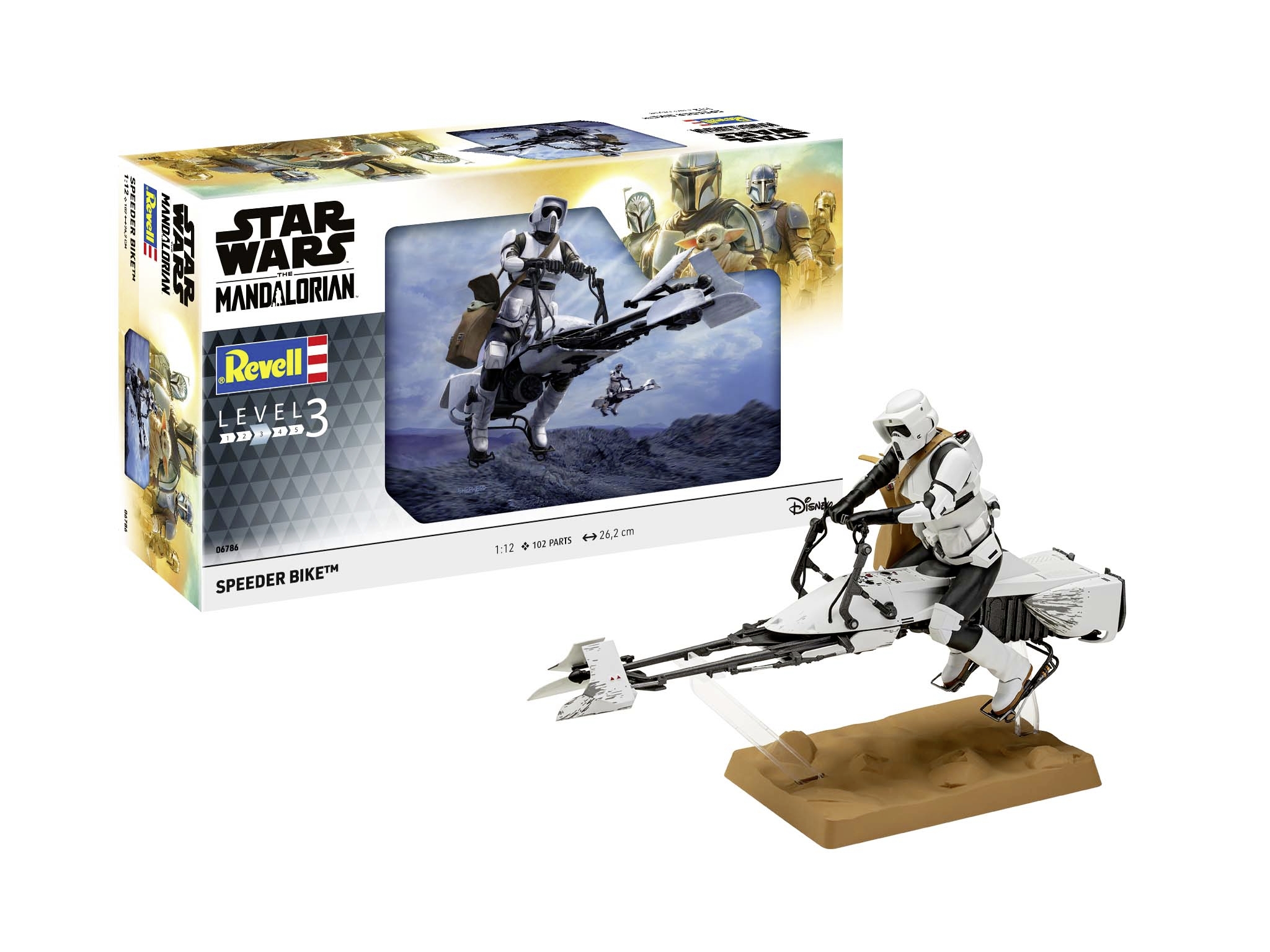 Un kit de maquette de 'Star Wars: The Mandalorian', montrant un modèle de speeder bike assemblé sur un socle.