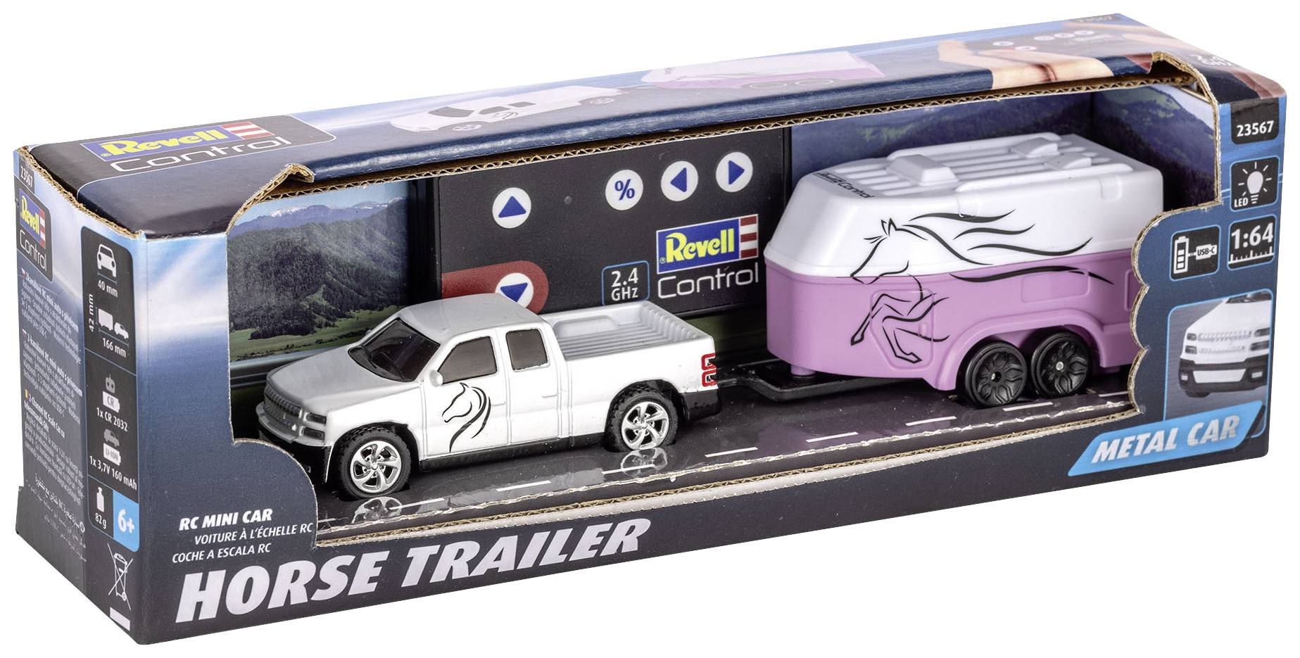Voiture miniature avec remorque à l'échelle 1:64 dans un carton. Décor avec motif de cheval. L'emballage indique la présence d'un véhicule télécommandé.