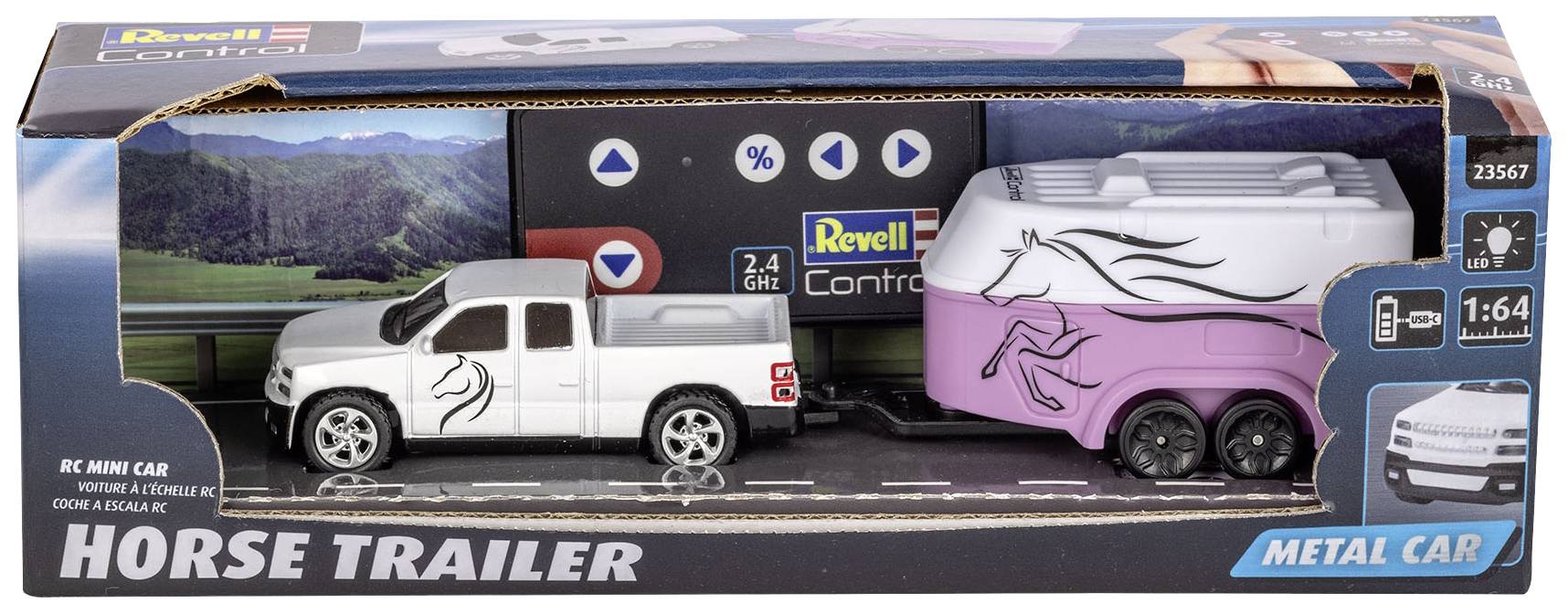 Voiture miniature avec un pick-up blanc et une remorque pour chevaux lilas dans un emballage de paysage. Inscription : 'Horse Trailer', échelle 1:64.