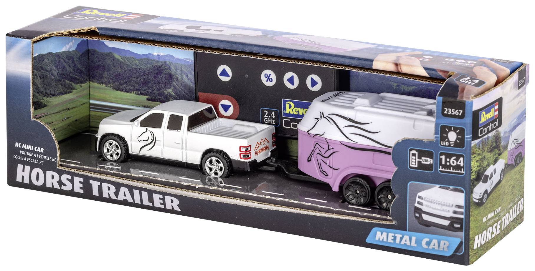 'Jouet en métal : Pickup blanc avec une remorque rose pour chevaux. Modèle Revell à l'échelle 1:64. L'emballage présente un paysage de montagne.'