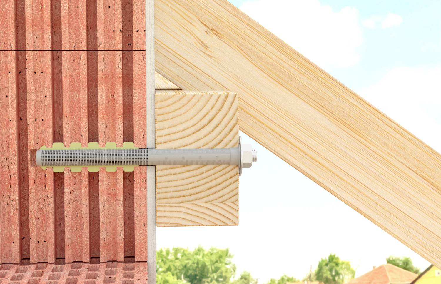 Un boulon fixe une planche de bois à un mur de briques, illustrant une technique de fixation dans le domaine de la construction. En arrière-plan, un ciel bleu et du vert.