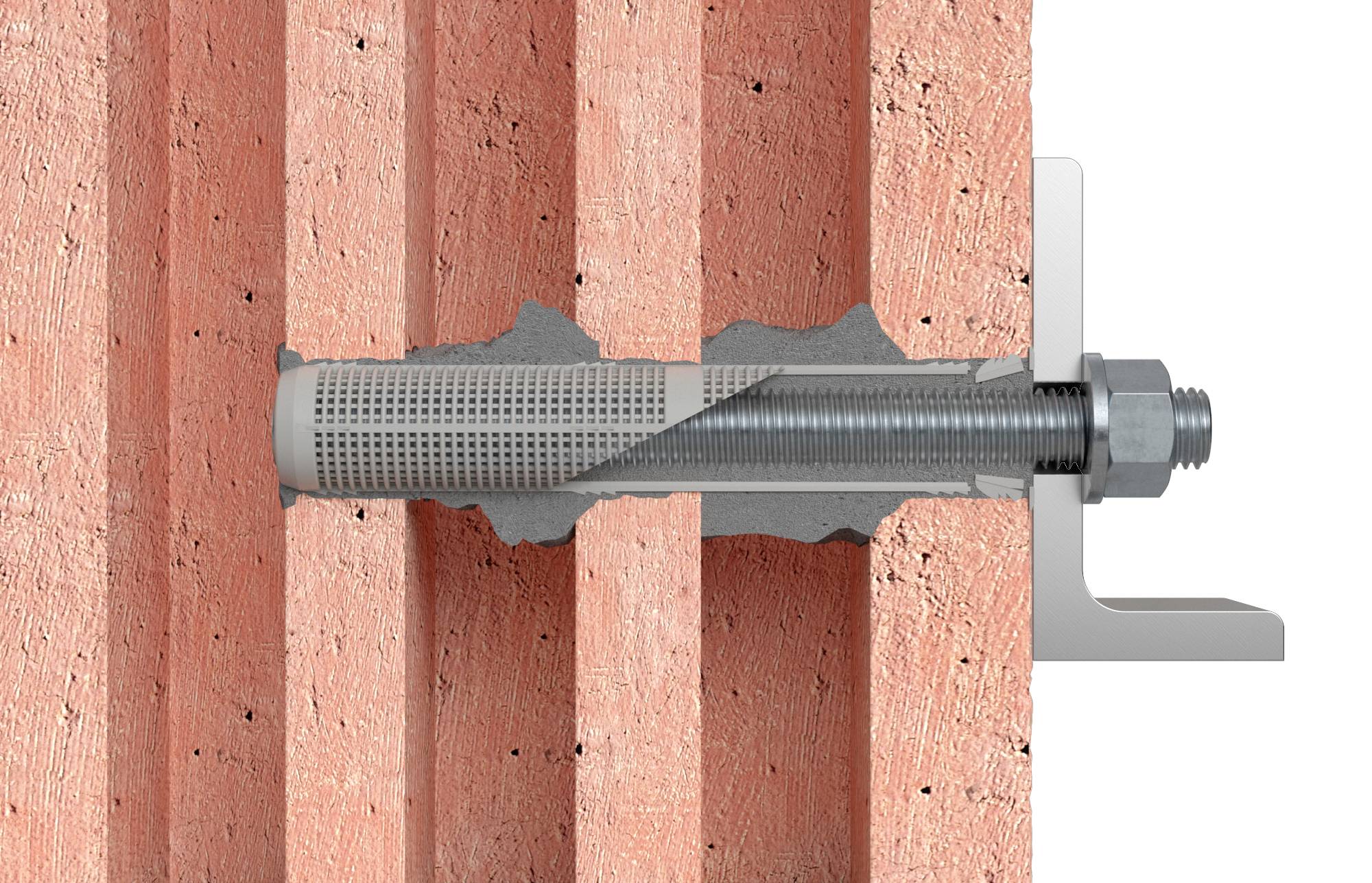 Un boulon d'ancrage est inséré dans un mur de briques rouges pour fixer un profilé métallique. L'ancre est solidement et fermement fixée.