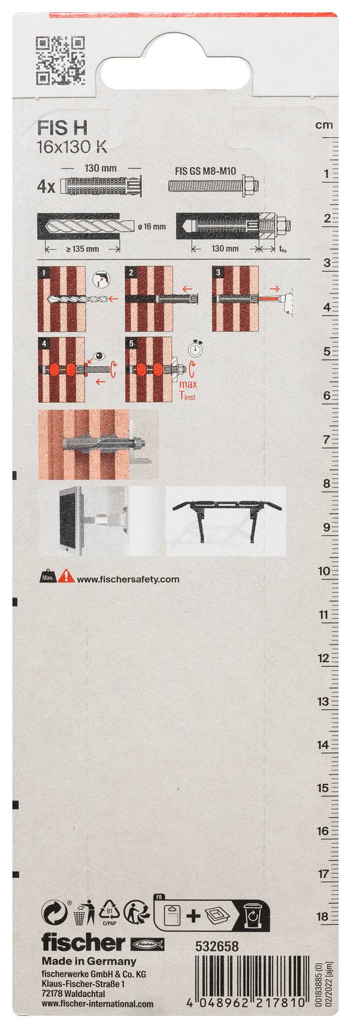 Emballage produit Fischer FIS H 16x130 K montrant les dimensions d'installation, les illustrations d'ancrage et le numéro de pièce 532658 avec code-barres.