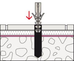 Un diagramme schématique en coupe montre un ancrage en cours de fixation dans du béton. Une flèche rouge indique le mouvement descendant.