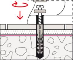 Coupe transversale d'un système d'ancrage au sol. La vis est ancrée dans un sol en béton par une plaque de base. Les flèches directionnelles indiquent le sens de rotation et d'insertion.