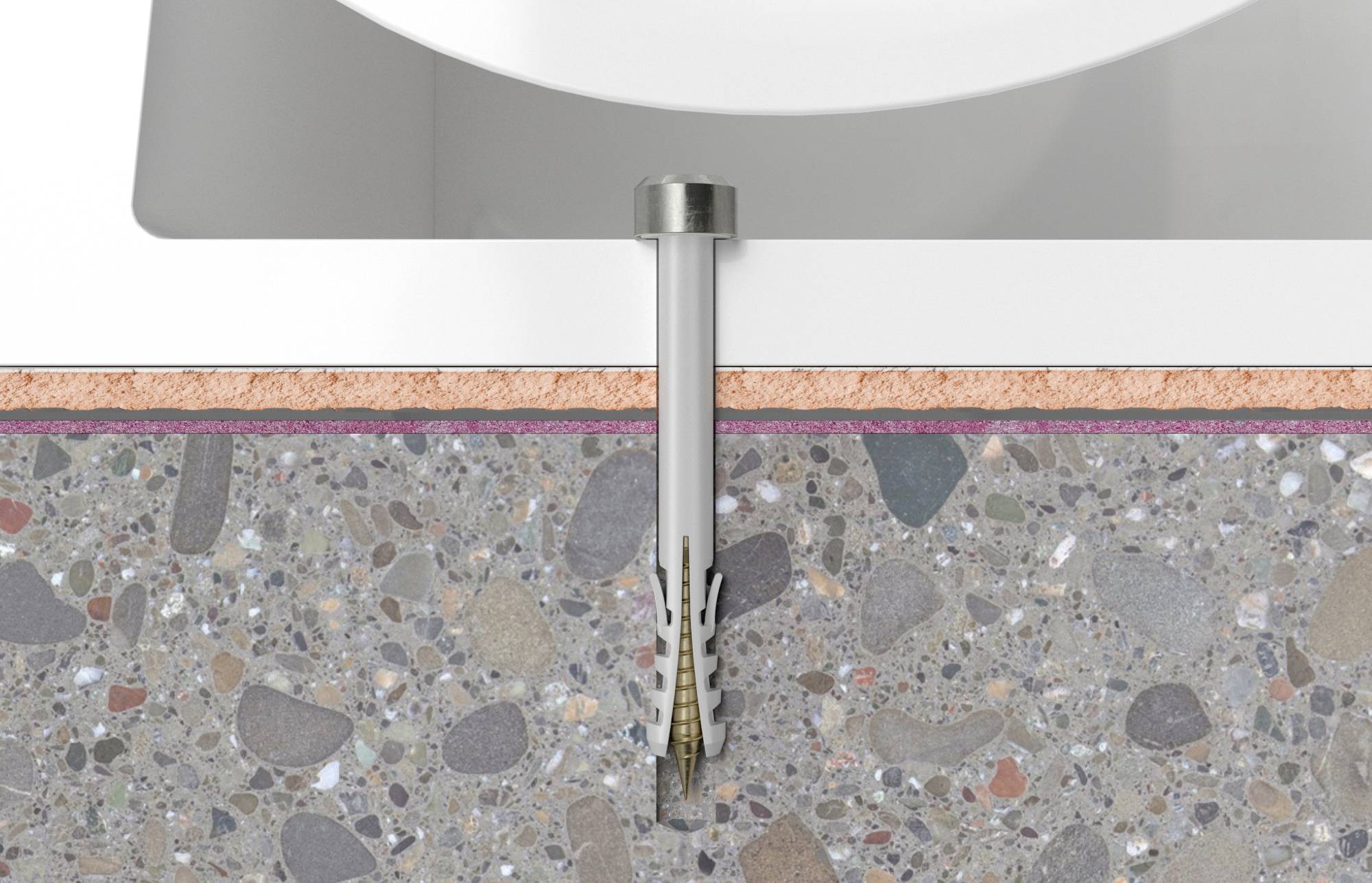 Coupe transversale d'une fixation par goujon dans une dalle en béton. Montre la configuration avec vis et éléments de fixation en coupe.