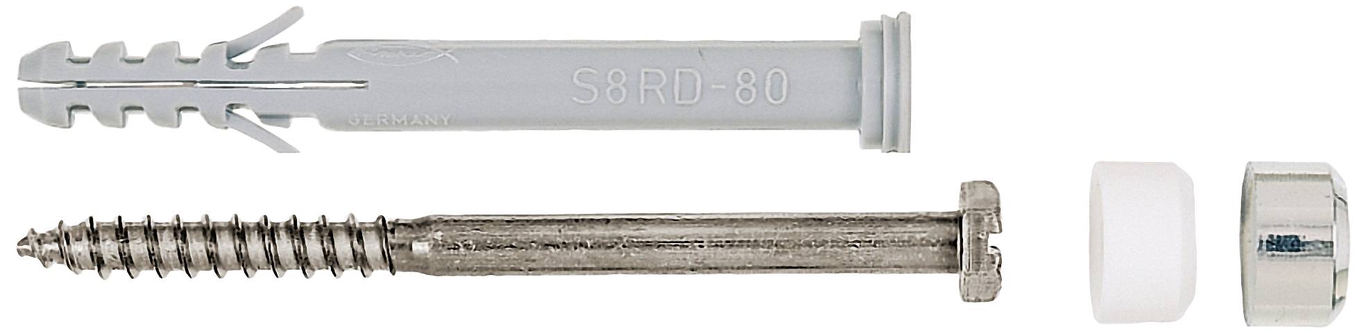 Un cheville grise, une vis et deux rondelles en plastique pour fixer des objets aux murs.