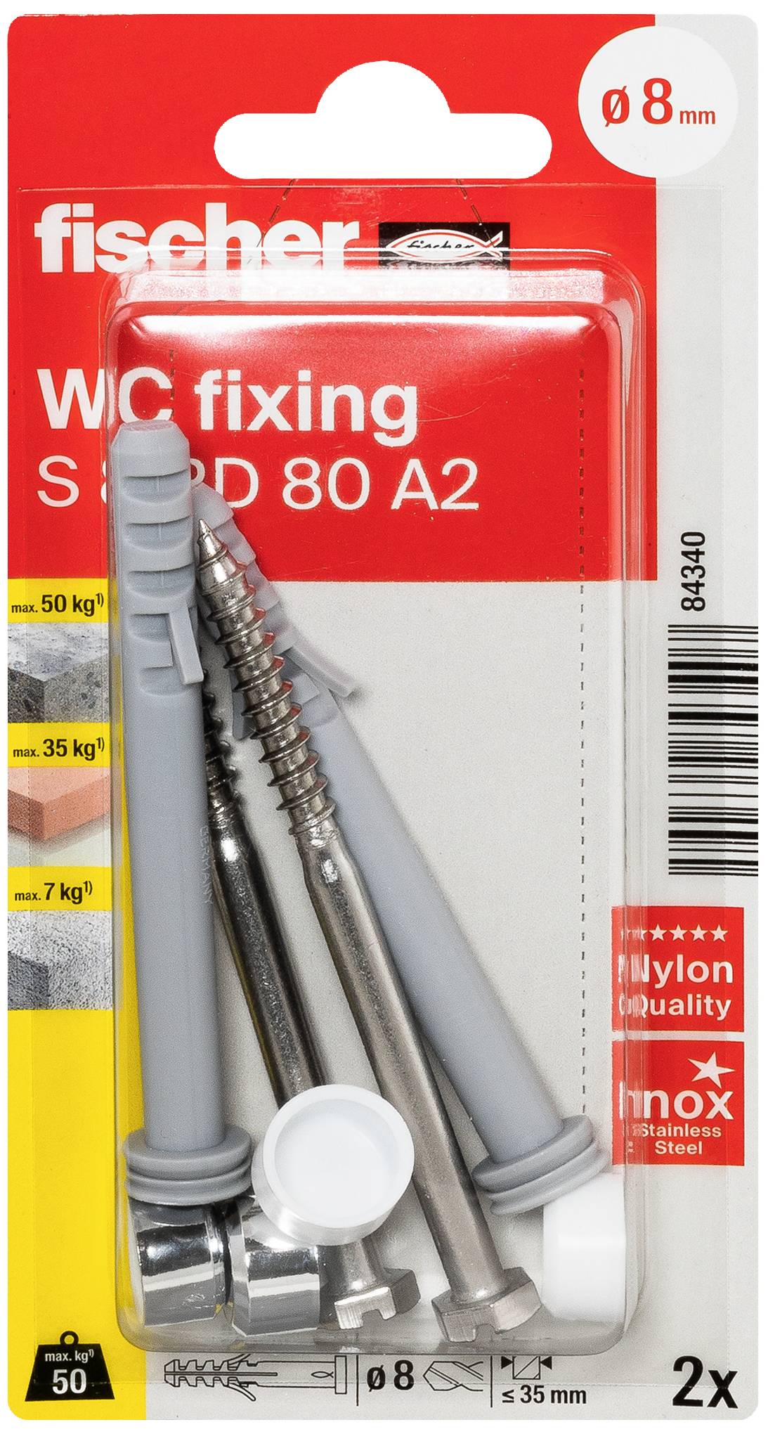 Emballage avec un ensemble de chevilles Fischer. Contient deux vis et chevilles pour la fixation des toilettes. Adapté pour un diamètre de 8 mm.