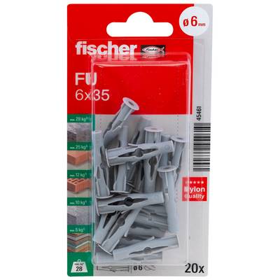 Paquet de chevilles murales en nylon Fischer, quantité 20, pour trous de 6 mm, taille 6x35, avec les charges maximales indiquées sur l'avant.