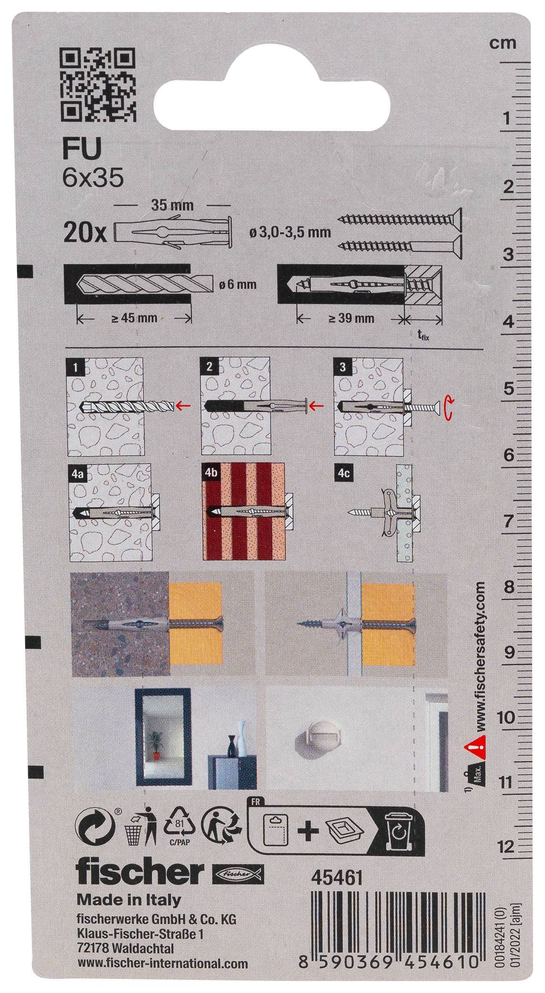 Cheville murale Fischer FU 6x35 affichant le diamètre de forage, la taille de la vis, les étapes d'installation et les dimensions du produit avec code QR et code-barres.