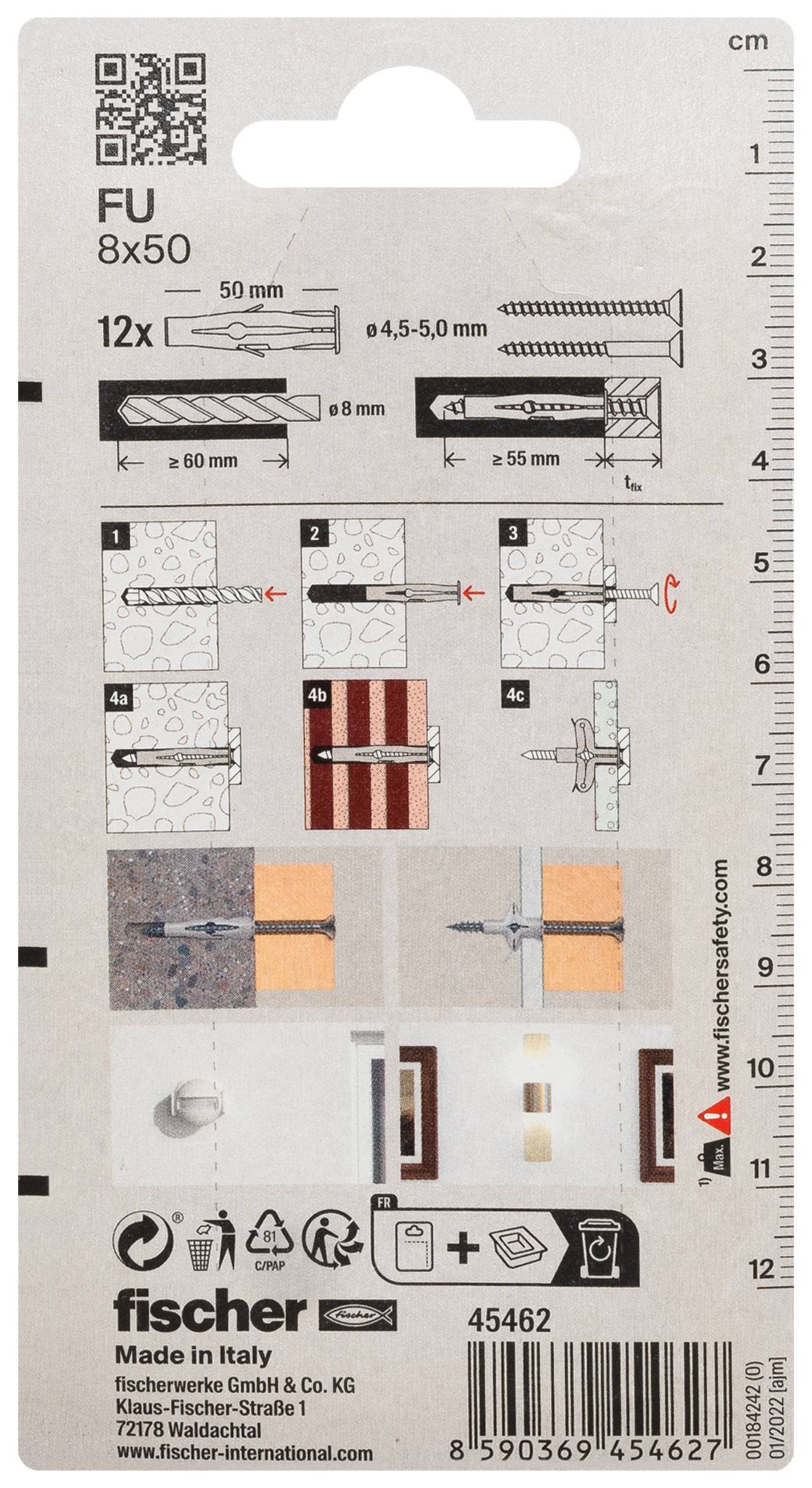 Étiquette d'emballage de chevilles murales Fischer montrant FU 8x50, 12 pièces, avec diagrammes de dimensions, étapes d'installation par forage/vissage, et une échelle en cm.
