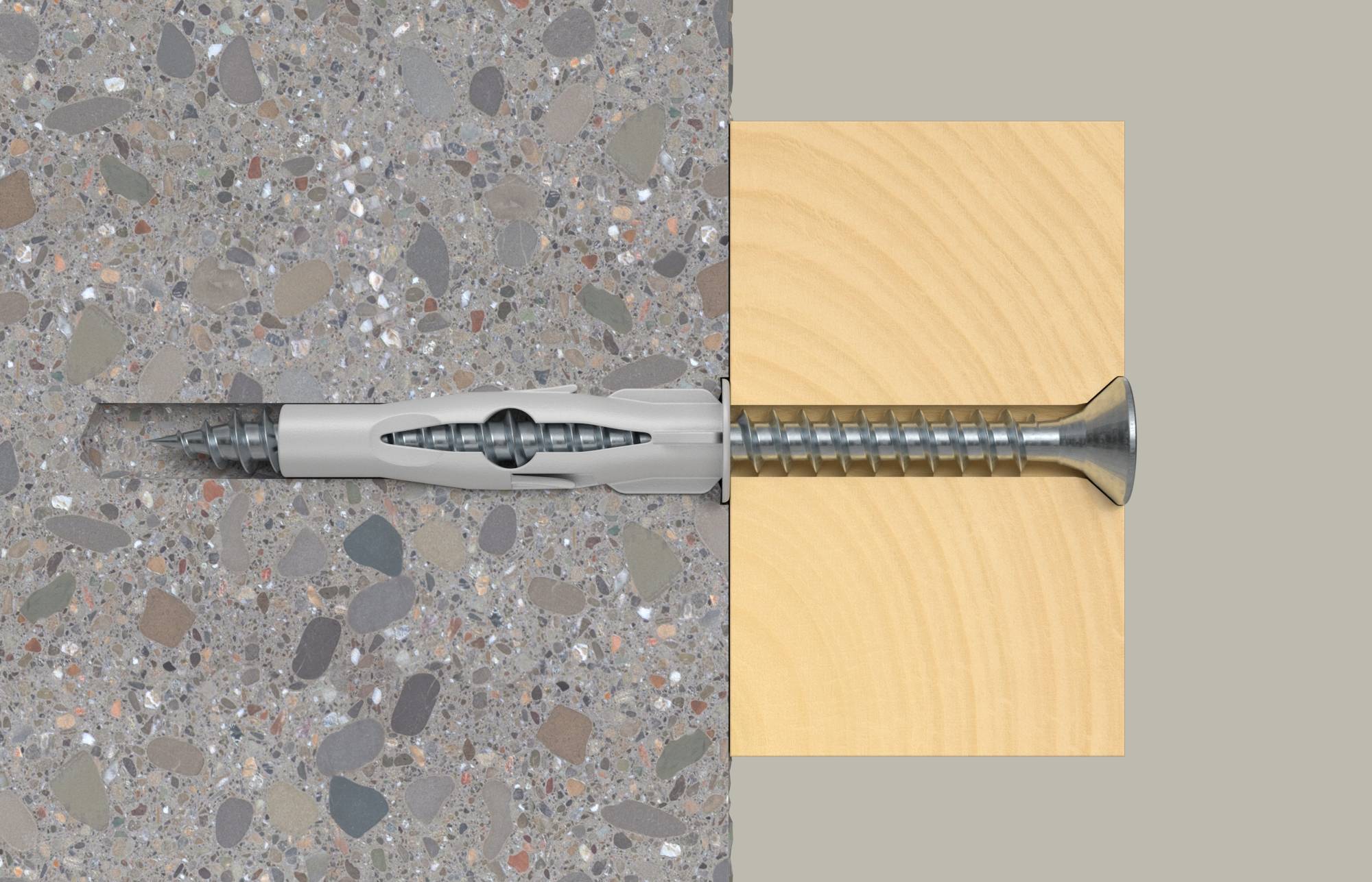Une ancre à vis est présentée partiellement encastrée dans le béton à gauche et dans le bois à droite, illustrant la fixation dans des matériaux différents.