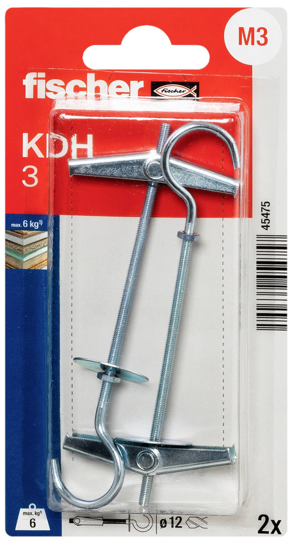Chevilles métalliques à expansion sur un emballage rouge et bleu, marque 'fischer', modèle 'KDH 3', convenant jusqu'à 6 kg, contient 2 pièces.