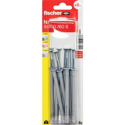 Paquet de chevilles murales en nylon Fischer avec vis, étiqueté « fischer DuoPower 8x100 /60 S » et « 8x » sur un emballage rouge et blanc.