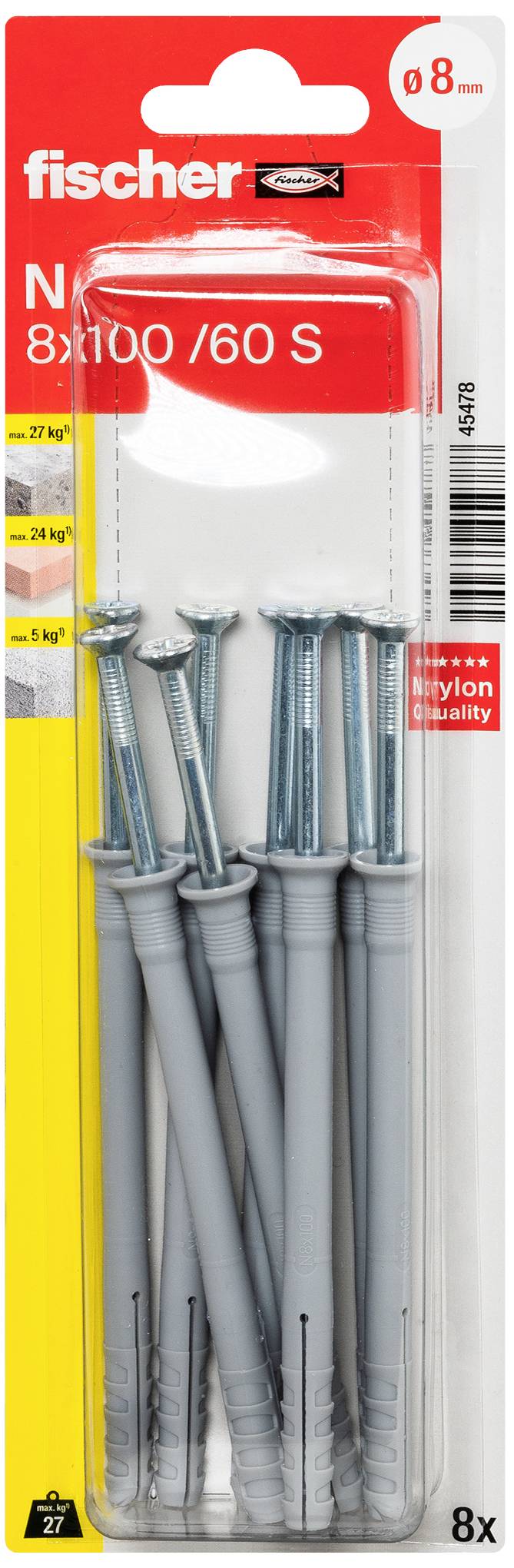 Huit chevilles Fischer 8x100/60 S avec vis dans un emballage rouge et jaune, adaptées pour une charge de 27 kg sur maçonnerie, béton ou brique.