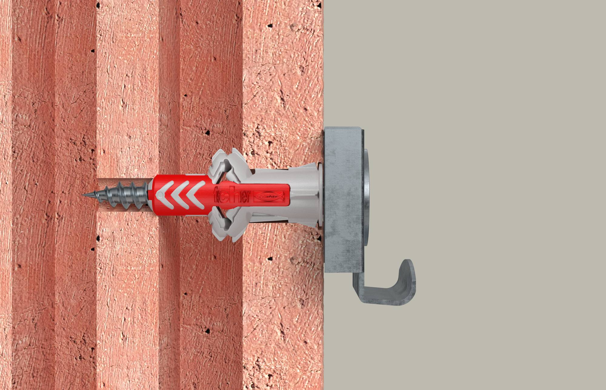 Gros plan d'une cheville murale et d'une vis installées dans un mur de briques, montrant le dispositif de fixation sécurisant un support métallique attaché.